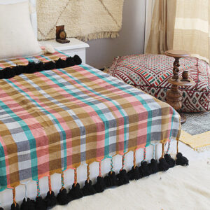 Moroccan Pom Pom Blanket - Handcrafted Coloured Plaid Design
