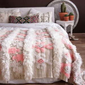 Ivory and Pink Moroccan Wedding Blanket - Handmade Wool Throw