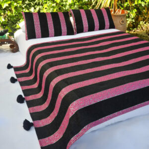 Pink and Black Striped Pom Pom Wool Blanket | Moroccan Luxury