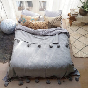 Handmade Grey Moroccan Pom Pom Blanket - 100% Cotton