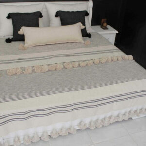 Handwoven Moroccan Pom Pom Cotton Blanket in Baby Pink/Grey/White