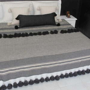Bohemian Grey Moroccan Pom Pom Blanket - Premium Wool Handcrafted Piece