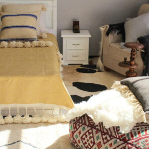 Mustard Moroccan Pom Pom Blanket - Handcrafted Cotton Throw