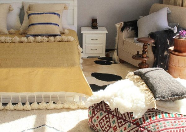Mustard Moroccan Pom Pom Blanket - Handcrafted Cotton Throw