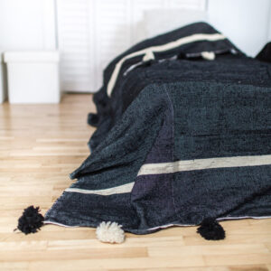 Soft Black Moroccan Pom Pom Cotton Blanket with Red and Caramel Trim