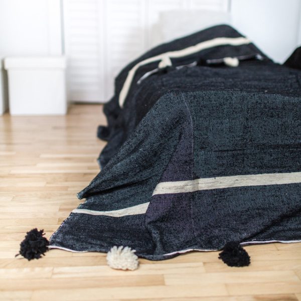 Soft Black Moroccan Pom Pom Cotton Blanket with Red and Caramel Trim
