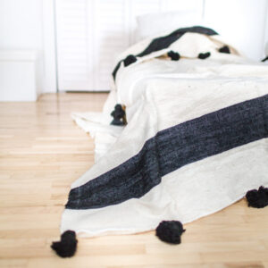 Handwoven Moroccan Black and White Wool Pom Pom Blanket