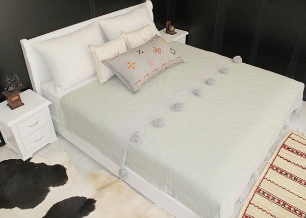 Luxurious Handwoven Light Grey Pom Pom Blanket
