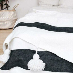 Moroccan Pom Pom Cotton Blanket | Handmade White Trim Blanket