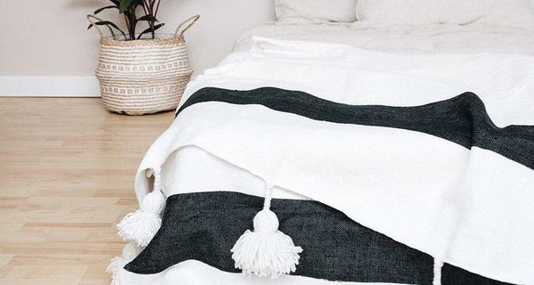 Moroccan Pom Pom Cotton Blanket | Handmade White Trim Blanket