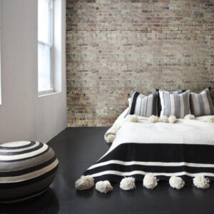 Black and White Moroccan Pom Pom Wool Blanket - Handcrafted Luxury