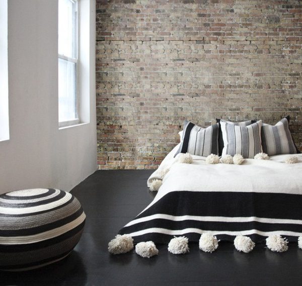 Black and White Moroccan Pom Pom Wool Blanket - Handcrafted Luxury