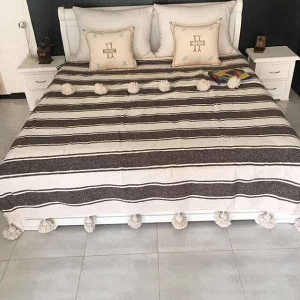 Luxurious Woody Brown Moroccan Pom Pom Blanket - Handwoven Cotton