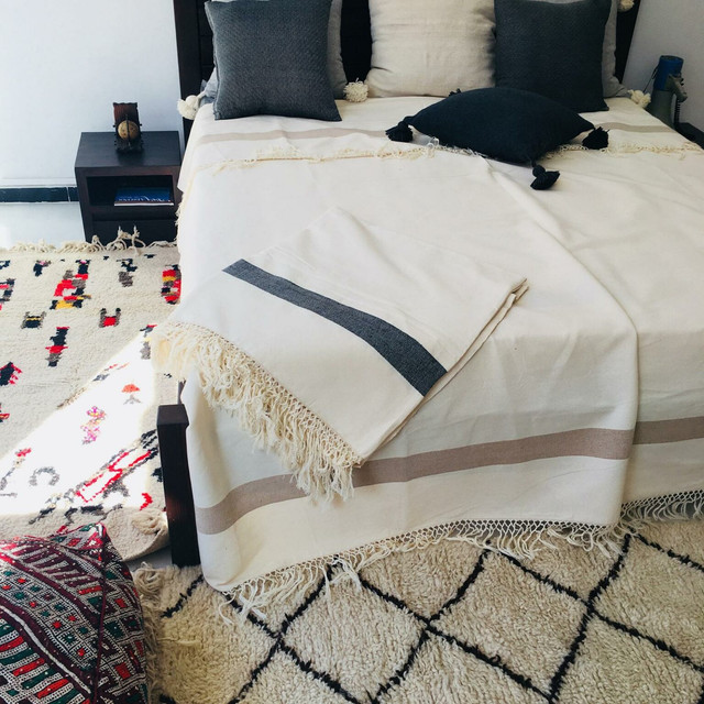 Moroccan Cotton Pom Pom Blanket in Beige