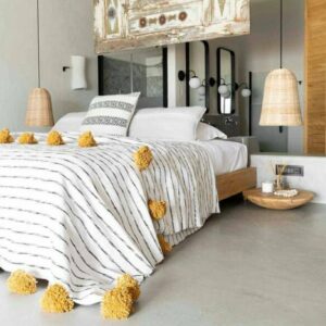 Handmade Moroccan Pom Pom Blanket with Mustard Poms - Cozy Wool Throw