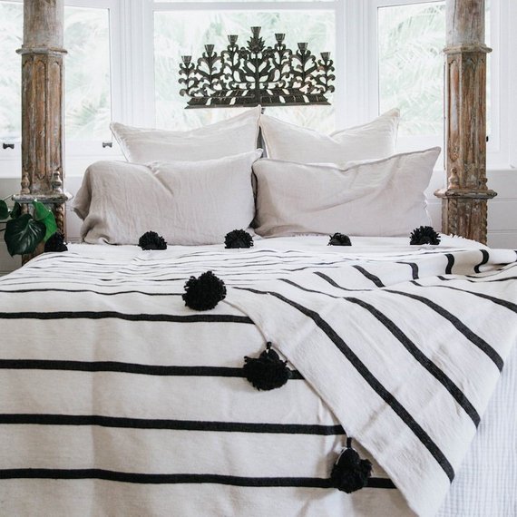 Handwoven Cotton Moroccan Pom Pom Blanket - Versatile Striped Design