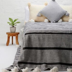 Handwoven Black and Grey Moroccan Pom Pom Blanket