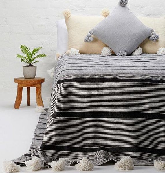 Handwoven Black and Grey Moroccan Pom Pom Blanket