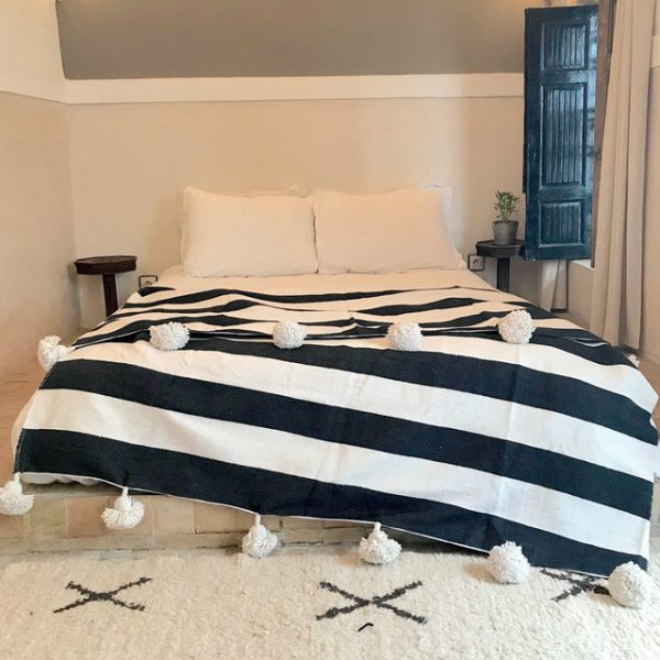 Handwoven Grey and White Pom Pom Wool Blanket