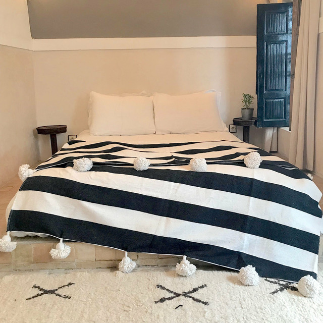 Handwoven Grey and White Pom Pom Wool Blanket