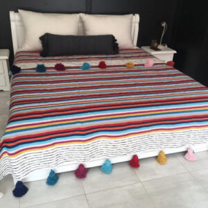 Colored Striped Moroccan Pom Pom Blanket - Handcrafted Wool Blanket