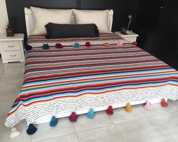 Colored Striped Moroccan Pom Pom Blanket - Handcrafted Wool Blanket