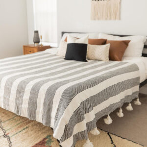 Grey and White Striped Pom Pom Moroccan Blanket