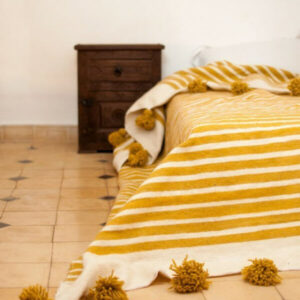 Luxurious Mustard Striped Moroccan Pom Pom Blanket - Premium Wool Blanket with Mustard Pom Poms