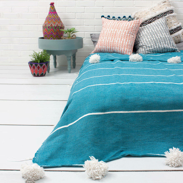 Ocean Blue Cotton Blanket with White Pom Poms