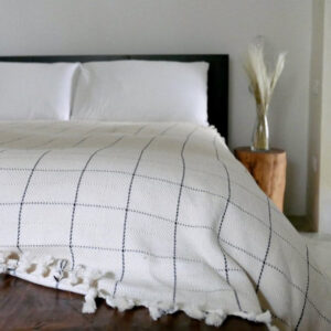 White Checkered Moroccan Pom Pom Cotton Blanket