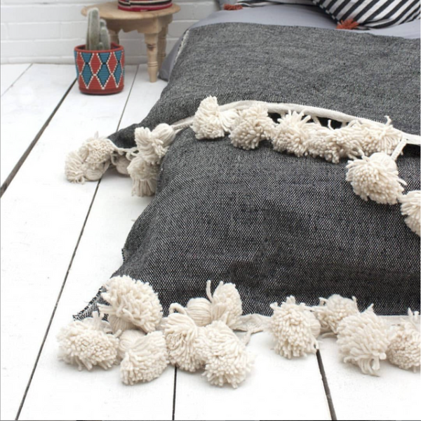 Luxury Grey Moroccan Pom Pom Wool Blanket | Handcrafted Bohemian Throw