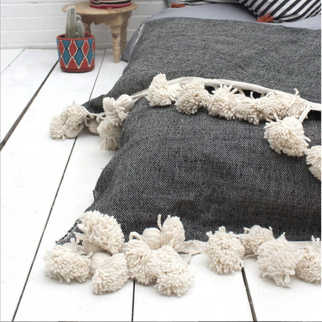 Luxury Grey Moroccan Pom Pom Wool Blanket | Handcrafted Bohemian Throw
