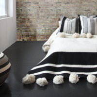 Handwoven Moroccan Pom Pom Blanket - Black & White Striped