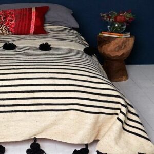 Luxurious Hand-Woven Moroccan Pom Pom Blanket - Black Stripes & Wool