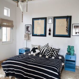 Luxurious Handmade Moroccan Pom Pom Blanket - Black and White Stripes