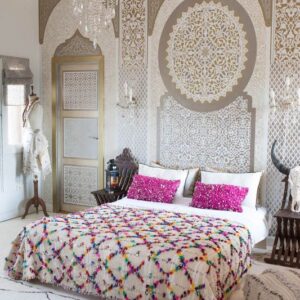 Handcrafted Moroccan Wedding Blanket with Pom Poms - 100% Wool