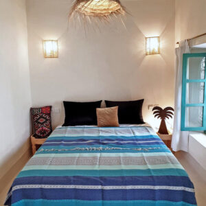 Blue Beige Moroccan Blanket with Pom-Poms