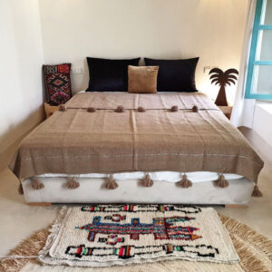 Brown Moroccan Pom Pom Handwoven Wool Blanket
