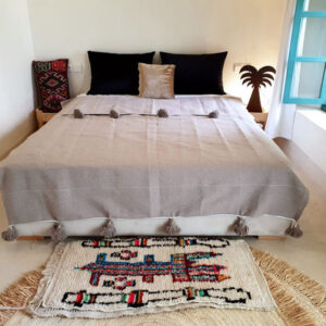 Natural Brown Moroccan Pom Pom Blanket - Hand-Crafted Cotton Blanket