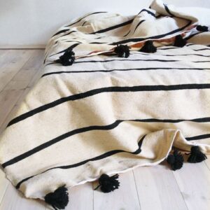 Handwoven Moroccan Wool Pom Pom Blanket in Beige and Black