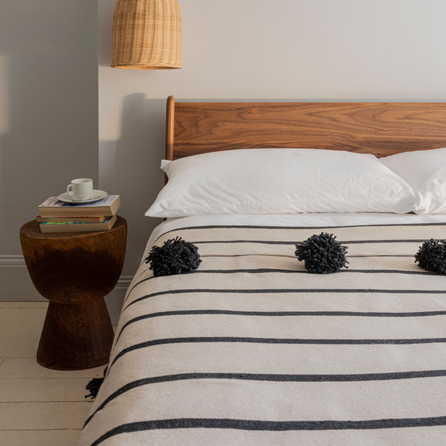 Handmade Beige & Grey Pom Pom Wool Blanket - Moroccan Craftsmanship