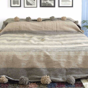 Moroccan Handcrafted Wool Blanket with Grey Stripes and Pom Poms