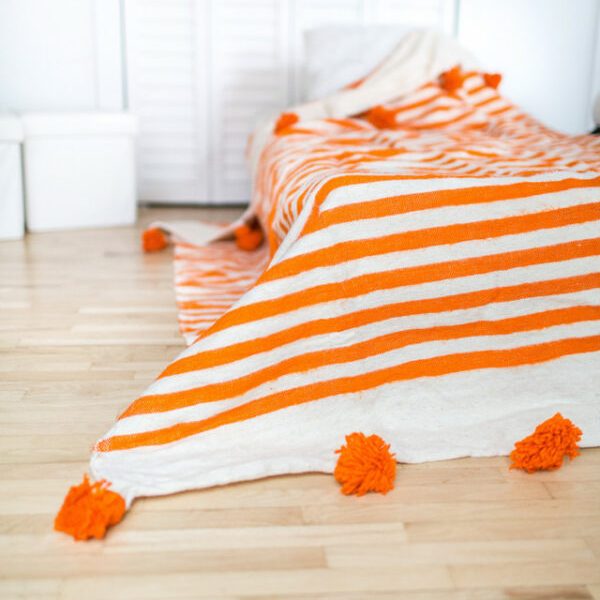 Moroccan Pom Pom Orange & White Striped Cotton Blanket