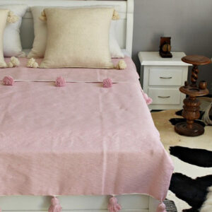 Pink Pom Pom Moroccan Blanket - Handwoven Wool Cotton Blend