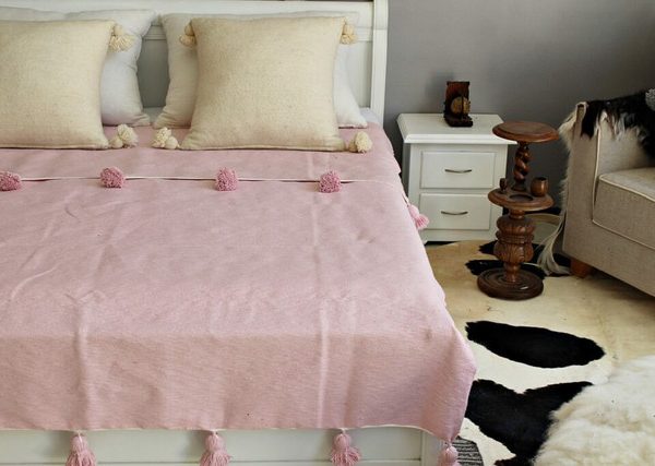 Pink Pom Pom Moroccan Blanket - Handwoven Wool Cotton Blend