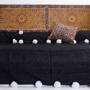 Handcrafted Black Moroccan Wool Pom Pom Blanket
