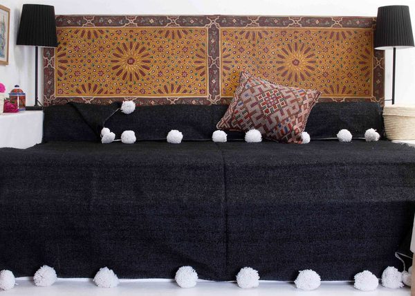 Handcrafted Black Moroccan Wool Pom Pom Blanket