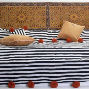 Moroccan Black & White Wool Pom Pom Blanket with Red Accents