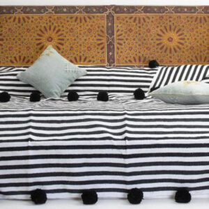 Moroccan Handmade Pom Pom Throw Blanket - Black & White Stripes