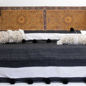 Hand-Woven Moroccan Pom Pom Blanket with Black Poms